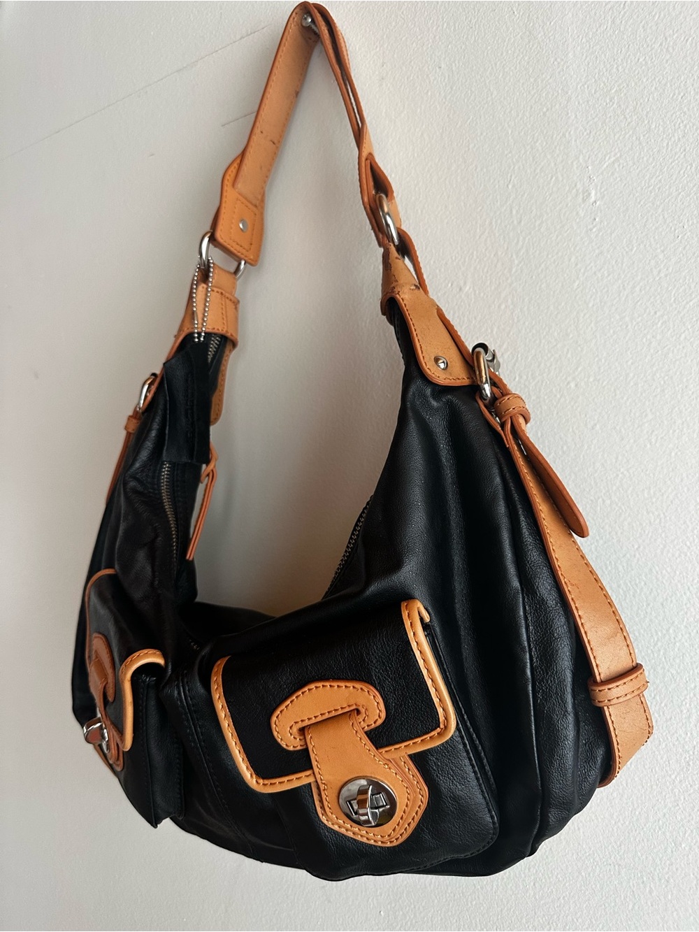 Danier Leather Black and Tan Women's Trending Hobo Slouch Shoulder Bag